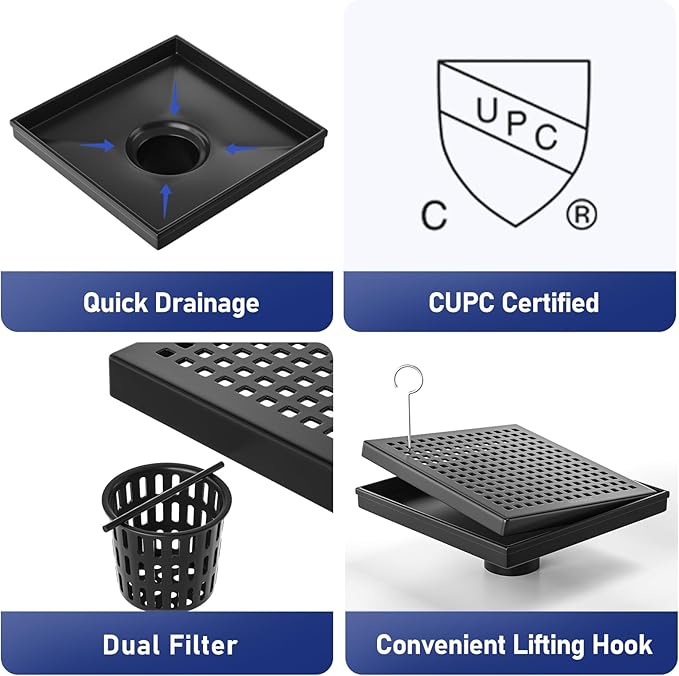 Square Shower Drain 8", 304 Stainless Steel Floor Drain with Grid Drain Cover & Hair Strainer, Shower Drain w/CUPC Certified, Matte Black