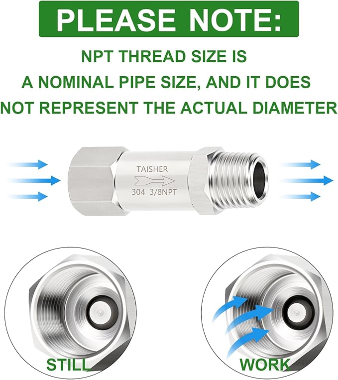 TAISHER 1PCS 304 Stainless Steel 3/8" NPT Male x 3/8" NPT Female Check Valve,Backflow Prevention,One Way Non-Return Check Valves