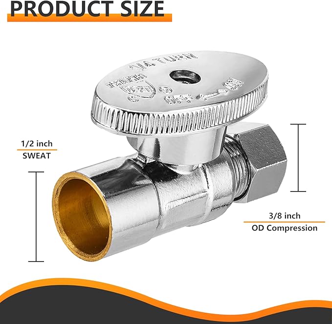 5-PCs HeSun Straight Stop Valve, 1/2" Sweat x 3/8" OD Compression Straight Stop, 1/4 Turn Shut Off Valve for Bathroom(VALVE093-5)
