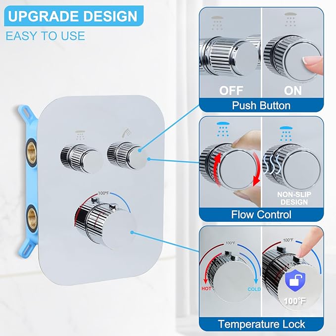 Thermostatic Shower Valve Shower Diverter 2 Way Shower Valve with Temperature Control Shower Mixing Adjustable Flow Diverter（Polished Chrome）