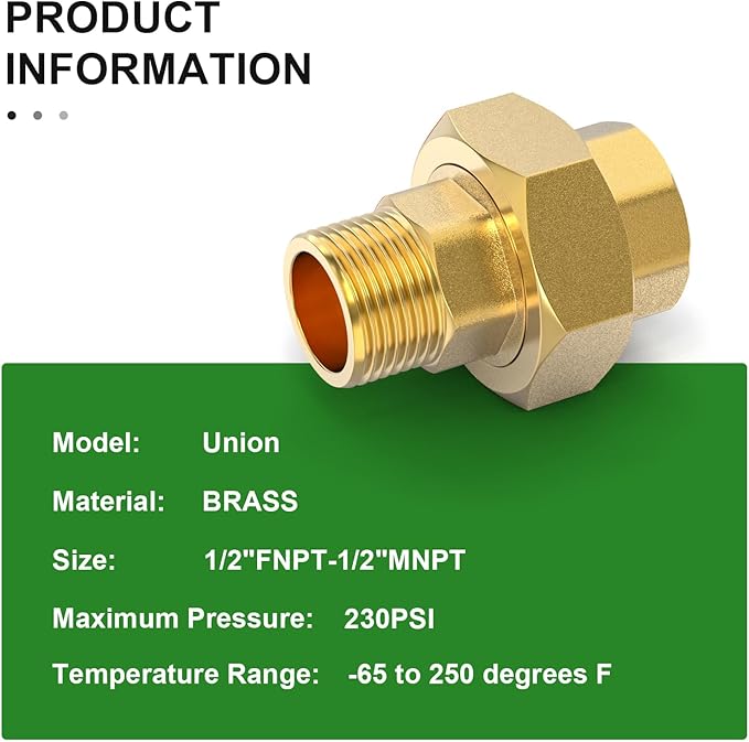 TAISHER 1PCS Brass Union，1/2" NPT Male x 1/2" NPT Female Brass Pipe Fitting