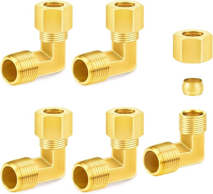 ChillWaves Brass Compression Tube Fitting, 1/2" OD x 3/8" NPT Male 90 Degree Elbow Compression Union Connector(5-PACK)