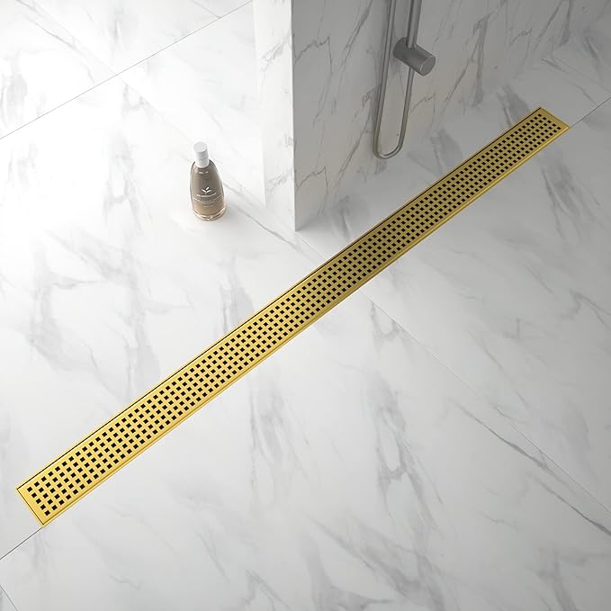 Linear Shower Drain 42", 304 Stainless Steel Floor Drain with Grid Drain Cover & Hair Strainer, Rectangular Shower Drain w/CUPC Certified, Brushed Gold