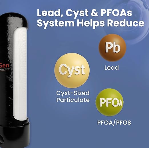 LiquaGen Whole House Water Filter System with Salt-Free Conditioner, Lead & PFOA/PFOS Reduction, 0.5-Micron Filtration, High-Flow, Improves Taste & Protects Plumbing
