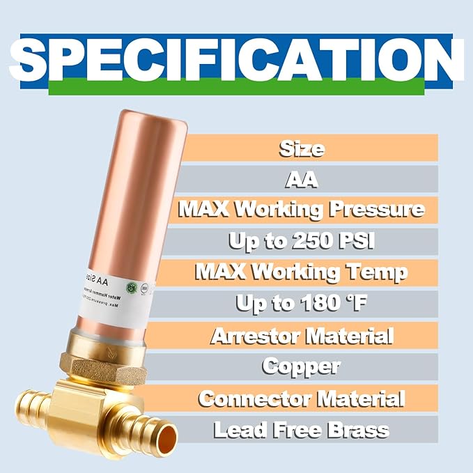 2pcs Copper Water Hammer Arrestor, 1/2 Inch Pex Crimp Tee Hammer Arrestor For Potable Water Plumbing Application, F1807 Tee Connection