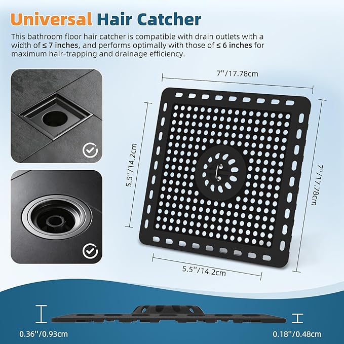 Hibbent 2 Pack Shower Drain Hair Catcher, Shower Drain Cover for Bathroom Floor 6" Drain, Anti-Clogging Bathtub Drain Strainer, Stainless Steel Kitchen Sink Drain Strainer with Handle, Matte Black