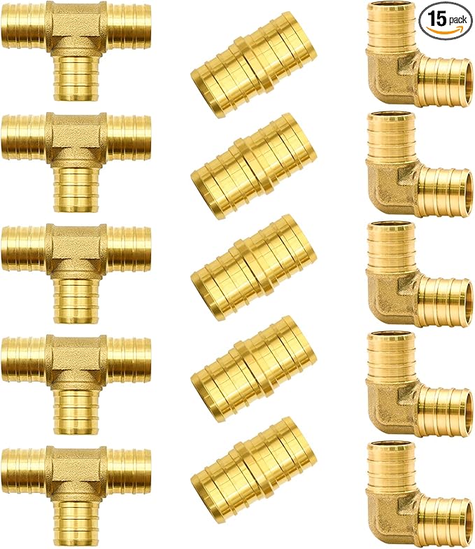 15pcs 3/4" PEX Fittings, Elbow TEE Straight Couplings Set, PEX Brass Crimp Fitting Combo with Tees, Elbows, Straights