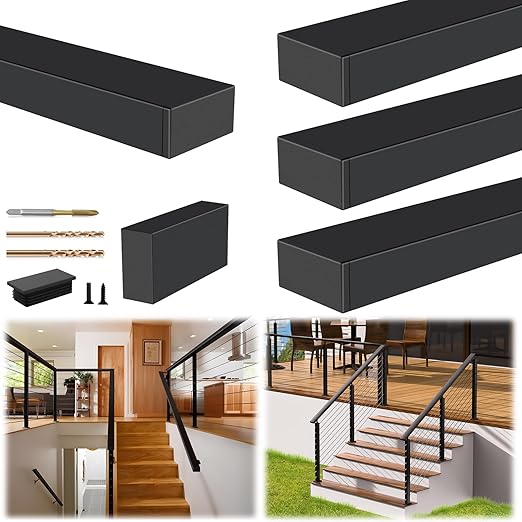 4Pack 8FT T304 Stainless Steel Handrails Black with Extension Connectors End Cap Kits for Cable Railing System Posts Kit, Cuttable Rectangular Handrails Flat Top Rail - 2.36" W x 1.18" H