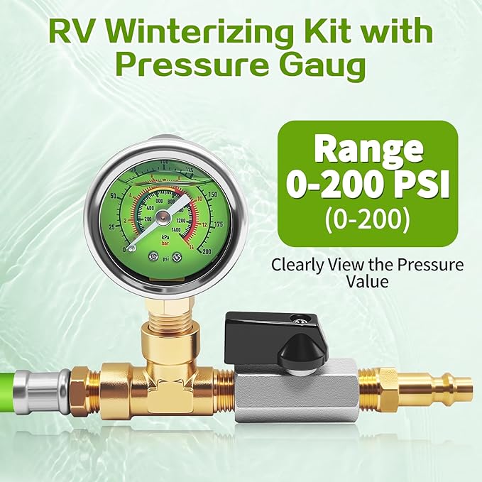 RV Winterizing Kit with Pressure Gauge, 60inch RV Winterize Hose with 3/4" GHT Blow Out Fitting Adaptor & 1/4" Quick Connect Plug, Sprinkler Winterization for RV, Camper, Boat, Travel Trailer, Green
