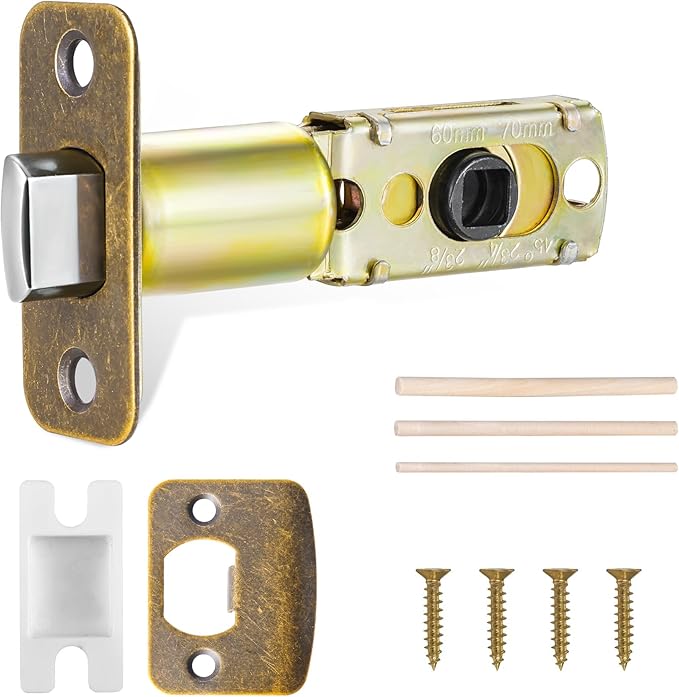 Antique Brass Brozne Adjustable Door Latch 60 or 70mm, 45° Turning Angle, Door Lock Replacement Parts with Door Strike Plate, Wood Dowel, Dust-Boxes