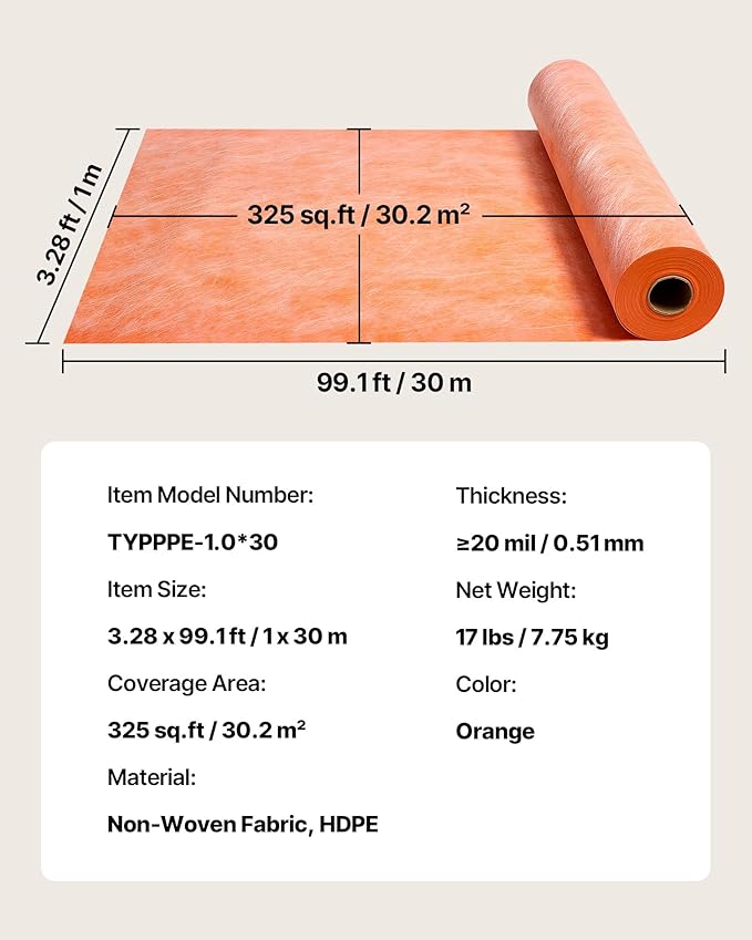VEVOR Waterproof Membrane for Shower, 3.3 x 99.1 ft 325 sq.ft Waterproofing Tile Membrane, 20 mil Thickness Polyethylene Fabric Roll, Easy to Cut for Bathroom, Kitchen, Sauna, Walls, Underlayment