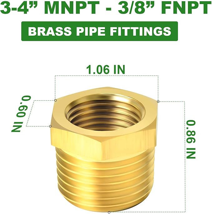 TAISHER 5PCS Brass Reducer Hex Bushing Threaded Pipe Fitting 3/4" NPT Male x 3/8" NPT Female Adapter