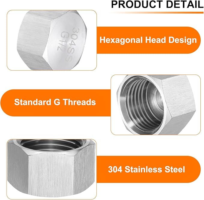uxcell 4pcs Hex End Cap 304 Stainless Steel Nut with Washer, G1/2" Female Thread Pipe Fitting, Gas Line Water Line Stop Valve Cap Tubing Ends for Plumbing Fittings, Silver Tone