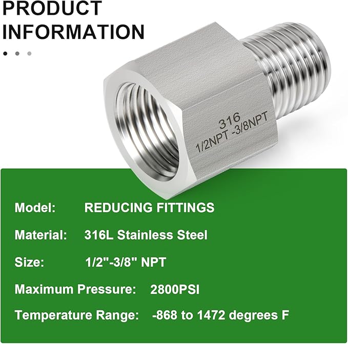 TAISHER 2PCS Forging of 316L Stainless Steel Pipe Fitting, Reducer Adapter, 3/8" NPT Male x 1/2" NPT Female, Reducing Pipe Adapter Fitting