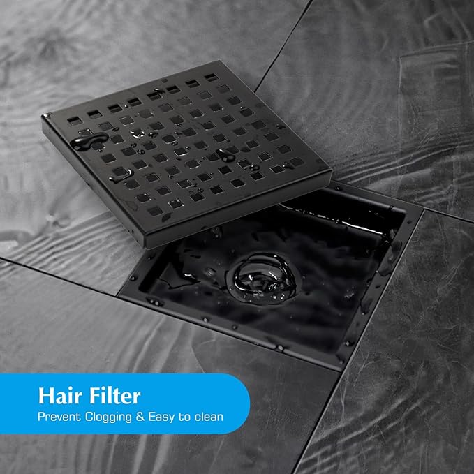 Square Shower Drain, Black Shower Drain 6 inch with Flange and Removeable Grate Cover, AISI 304 Stainless Steel Matte Black Shower Floor Drain with Hair Catcher and Flange