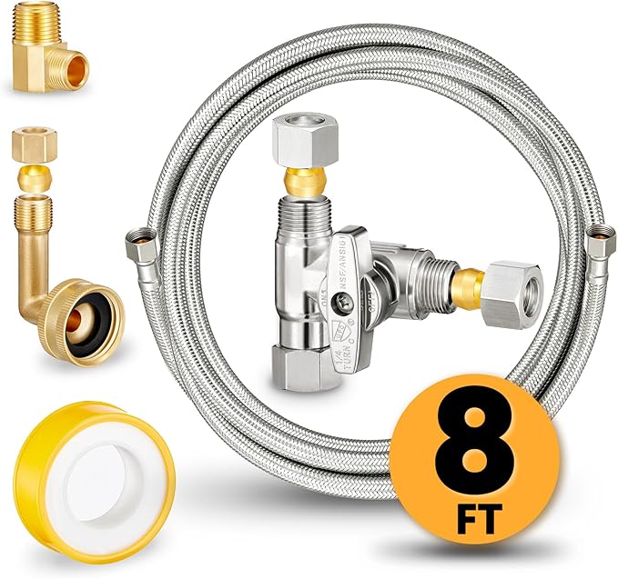 Dishwasher Hose Installation Kit - Includes Water Supply Line, 3/8" Compression Water Splitter, 3/4" FHT Elbow, and 3/8" MIP Elbow (8 FT)