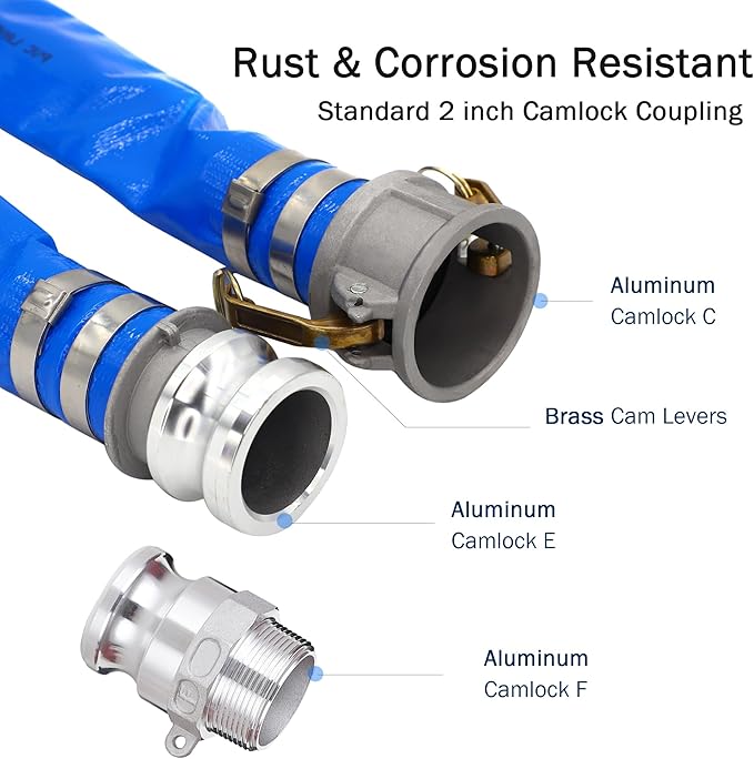 2" ID x 100 ft PVC Lay Flat Discharge Hose with Aluminum Camlock C and E Fittings, Cam Lock Fitting Type F included, Heavy Duty Reinforced Blue Backwash Pump Hoses for Swimming Drain Pools