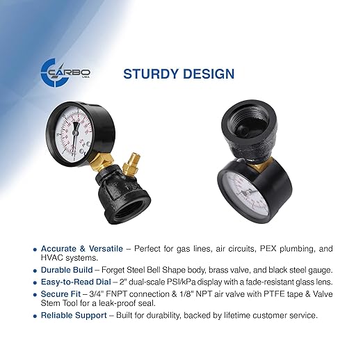 Gas Test Pressure Gauge 60 Pound, 60 PSI / 400 kPa, 3/4” FNPT Connection, Brass Valve, Forged Steel Bell Shape Body Assembly.
