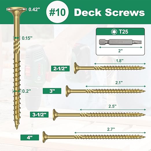 #10 x 4” Deck Screws, 108Pcs Star Drive Wood Screws, Rust Resistant Timber Screws for Timber/Log/Landscaping Wood, T25 Star Bit Included, Gold