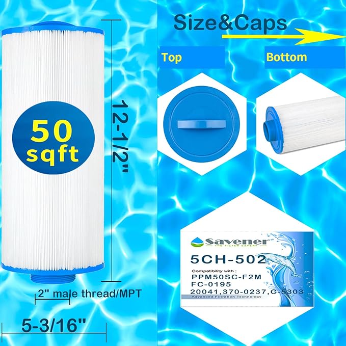 Savener® 5CH-502 Hot Tub Spa Filter Cartridge (Fine Thread), Replaces PPM50SC-F2M, FC-0195, Marqui Spa 20041, 20091, Cal Spas C-5303, Magnum MA 50, SP-PS-0195, 370-0237, 50 Sq. Ft, 2 Pack