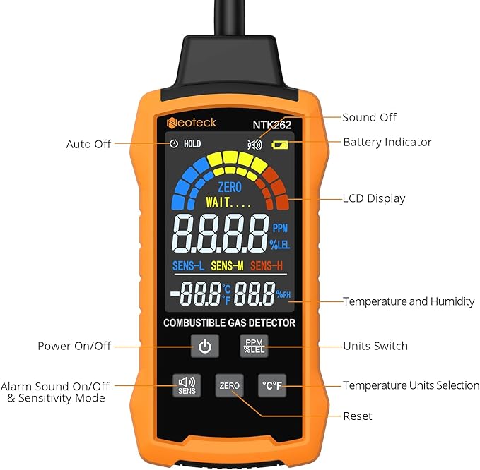 Neoteck Natural Gas Detector 0-9999PPM/0%-20% LEL Gas Leak Detector with 12” Gooseneck Combustible Gas Detector with 3 Sensitive Modes Test Methane Propane Gasoline for Gas Pipeline Gas Stove and RV