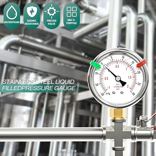 -30inHG-30PSI Stainless Steel Liquid Filled Pressure Gauge, 2.5" Dial Size, 1/8" NPT Lower Mount, for Tube, Water Pump, Gas, Liquid, Pressure Test (with Range Mark Pointer)