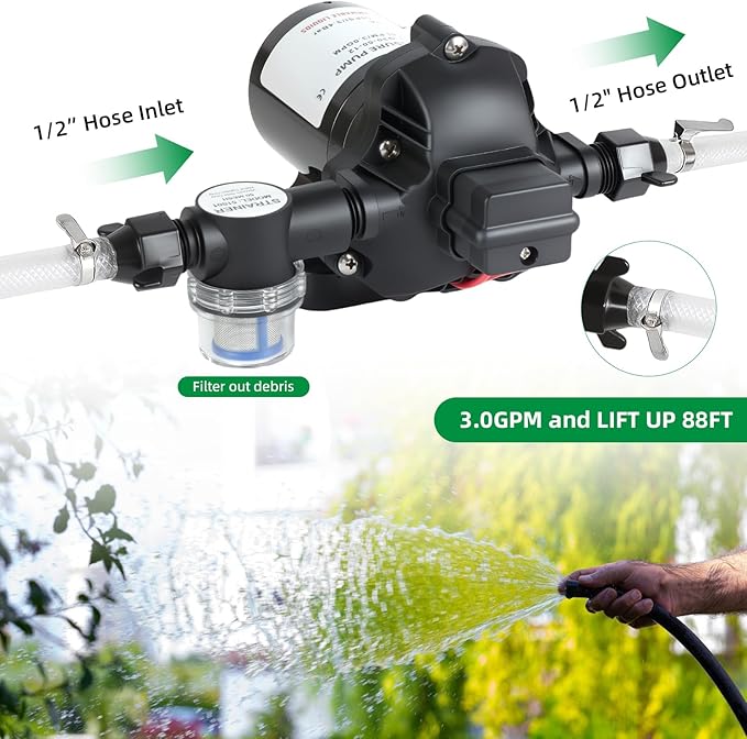 3 GPM RV Water Pump, 12V DC Diaphragm Pump with Automatic Pressure Switch 40-80PSI Adjustable, 3-Chamber, 1/2'' MNPT Port, for RV Yacht Food Truck Camper Marine,1 Pump + 1 Strainer,