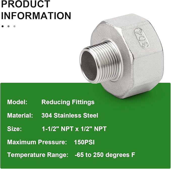 TAISHER 2PCS 304 Stainless Steel Pipe Fitting, Reducer Adapter, 1/2" NPT Male x 1-1/2" NPT Female