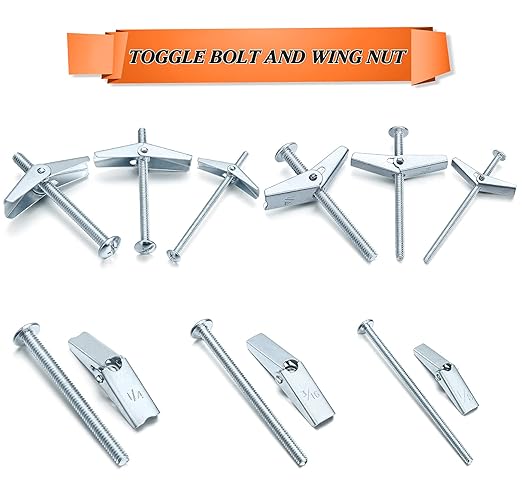 24PCS Toggle Bolt and Wing Nut Set, Hollow Wall Anchors Zinc Plated Carbon Steel, 3 Sizes (1/8'', 3/16'', 1/4''), Hangs Heavy Items on Drywall, Hollow Brick, Wood, Cement Fiberboard
