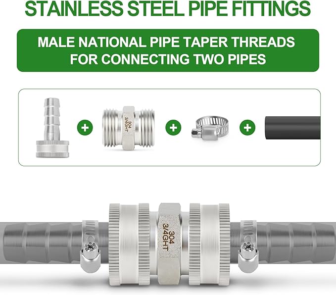 TAISHER 5PCS 304 Stainless Steel Garden Hose Adapter, 3/4" GHT Male x 3/4" GHT Male Garden Hose Connector with Washers