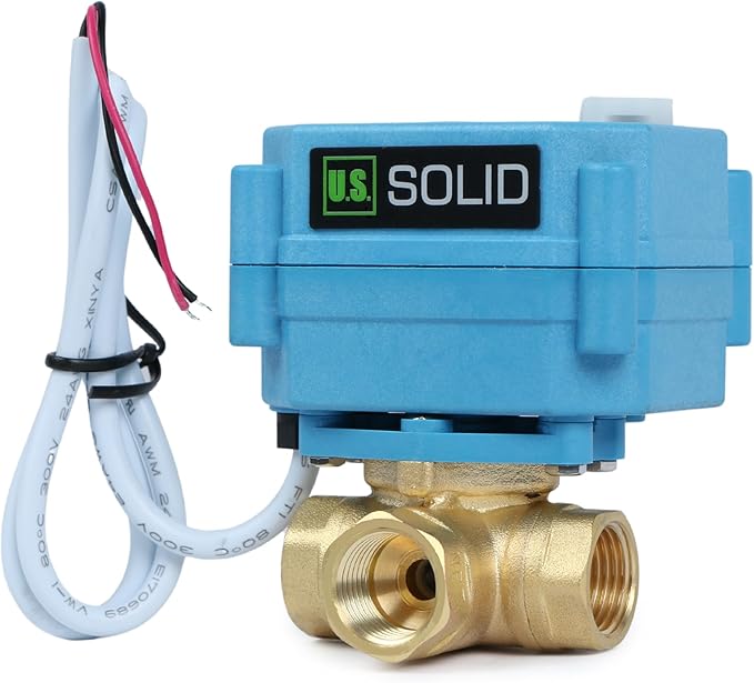 U.S. Solid 3/8" 3 Way Brass Motorized Ball Valve L Type AC/DC9-24V, Water Shutoff Valve with Manual Function, Standard Port, NOT for Drinking Water