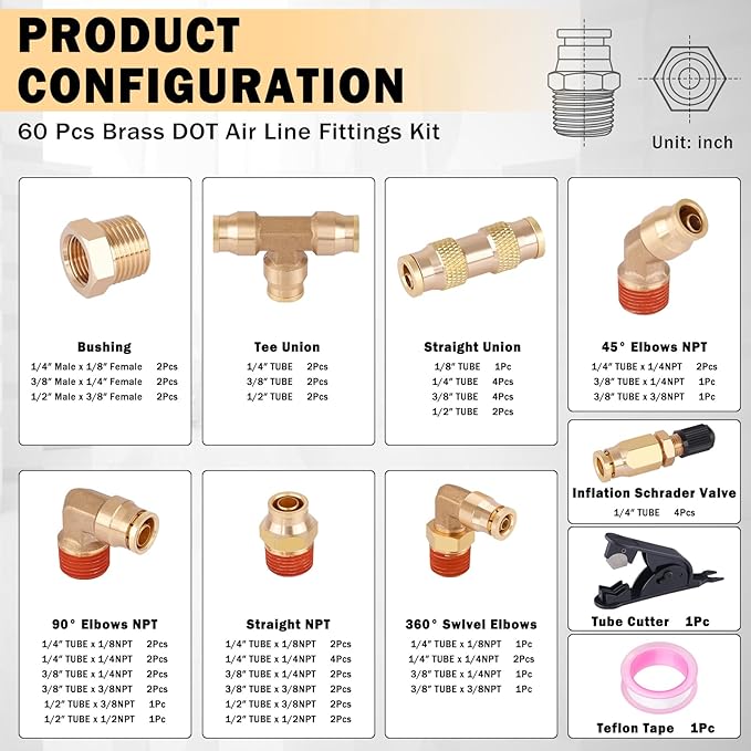 CheeMuii 60 Pcs Brass DOT Air Line Fittings kit Push Lock DOT Air Fittings Push to Connect Fittings NPT Thread & Quick Connect Air Hose Fittings for Air Line Air Hose Pneumatic Tubing