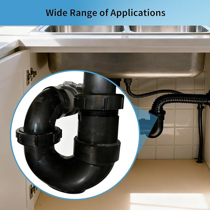 Lesso ABS Adjustable P Trap1 1/2 Inch for RV Drain Bathroom Kitchen Sink Drain Pipe Tubular Kit with White Threaded Adapter Ring