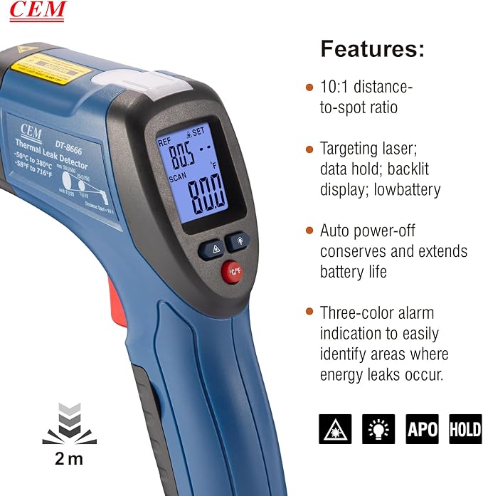 CEM DT-8666 Digital Infrared Meat Thermometer Gun,DS10:1 Instant Read Laser Temperature Gun for Griddle,Grill,Oven,Pizza, Thermal Air Heat Leak Detector for Industrial Repairs with Color Light Alarm