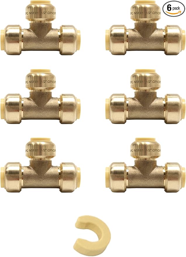(Pack of 6) EFIELD 1/2 Inch Tee Push-Fit Fitting to Connect Pex, Copper, CPVC Pipe with a Disconnect Tool Clip,(PF118-6PCS)