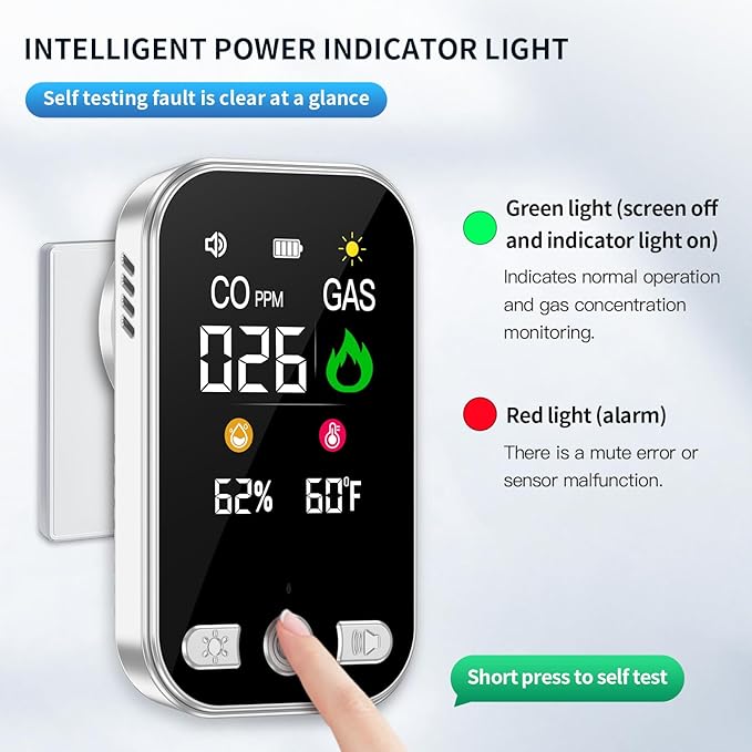 4in1 Plug in Carbon Monoxide Detector & Combustible Natural Gas Detectors Combination Builti-in Battery HD Screen [CO Gas Temp Humidity Sensor] for Home Hotel Travel (1 Pcs,HD12-CG, White)