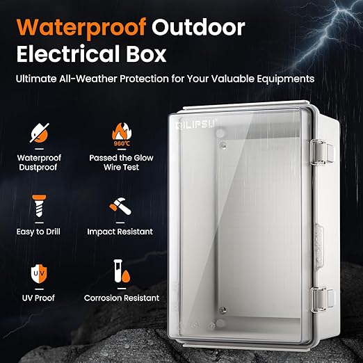 QILIPSU UL94-V0 Outdoor WiFi Enclosure Waterproof Router Junction Box, 11.4"x7.5"x5.5" Pro IP67 Electrical Network Enclosure, Clear Hinged Door Weatherproof for Solar Projects