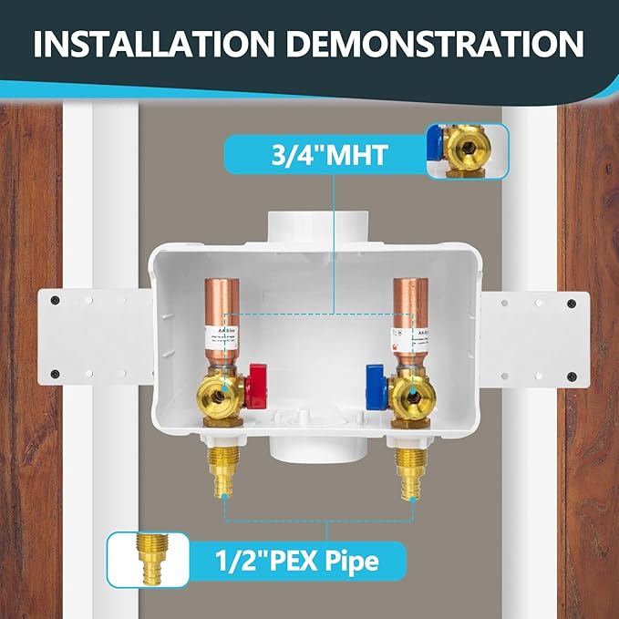 Washing Machine Outlet Box, Center Drain, 1/2 Inch Pex Crimp Inlet x 3/4 Inch MHT Outlet Connection, with Copper Water Hammer Arrestor (Pack of 20)