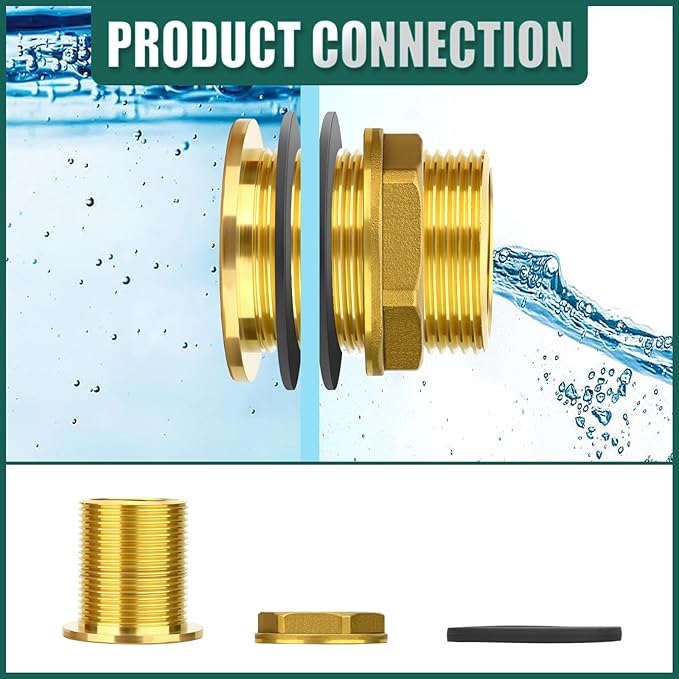 Brass Water Tank Connector Bulkhead Tank Fitting, 1-1/4" NPT Female 1-1/2" NPT Male, with Rubber Ring, for water towers/water inlet/outlet/various pipes/fittings,etc.