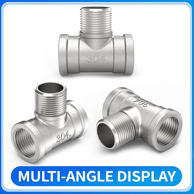 ChillWaves 304 Stainless Steel Pipe Fitting, Male Branch Tee 3/8" NPT Female x 3/8" NPT Male x 3/8" NPT Female Thread Adapter(4-PACK)