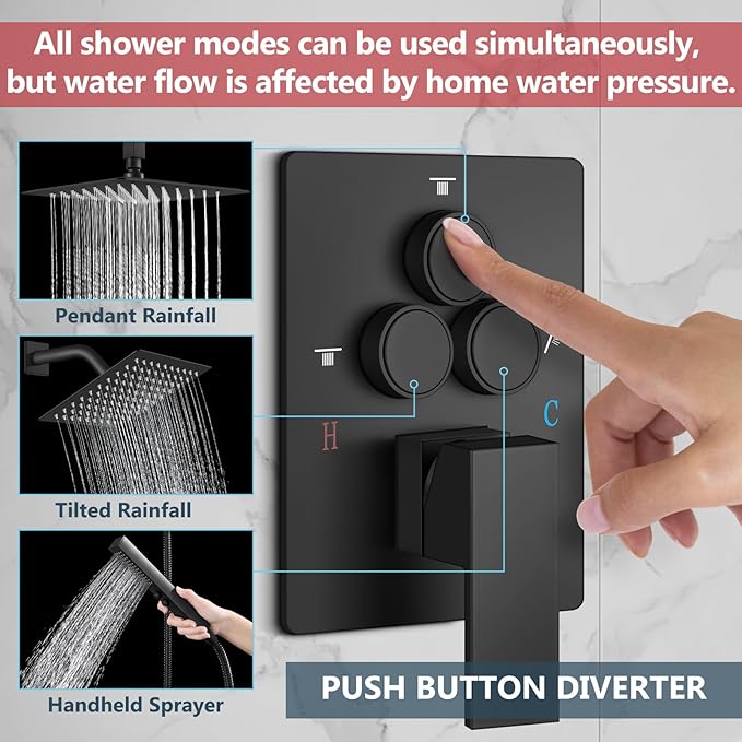 Aolemi Shower Faucet Set Ceiling Mount Shower System Rough-in Valve and Shower Trim Kit 16 and 6 Inch Dual Shower Head 2 in 1 Handheld Spray Push Button Diverter Matte Black