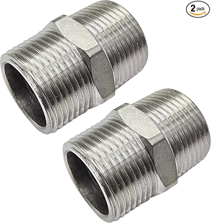 JoyTube 1" Male to 1" Male NPT Hex Nipple, Pipe Fittings 304 Stainless Steel Threaded (Pack of 2)