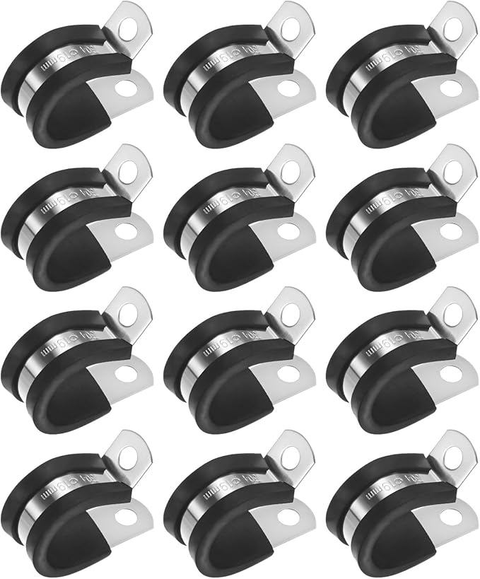 12-Pack Cable Clamps, 3/4 Inch/ 19 mm 304 Stainless Steel Rubber Cushioned Insulated Cable Clamp R Shape Metal Holder for Tube/Wire/Pipe/Loop Installation