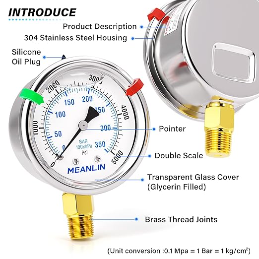 MEANLIN MEASURE 0~5000Psi Liquid Filled Pressure Gauge Stainless Steel 1/4" NPT 2" FACE DIAL for WOG Water Oil Air Lower Mount, with Hex Bushing and 2PCS Snaps