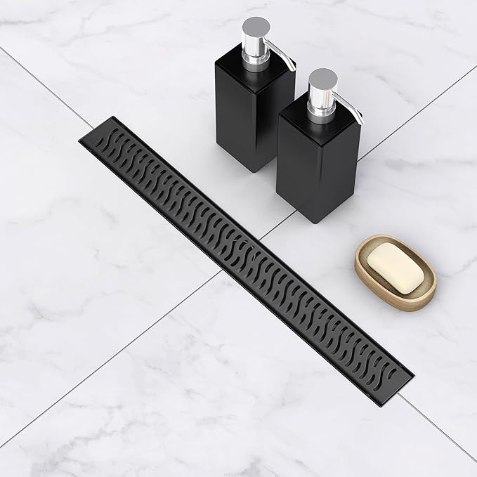 Linear Shower Drain 24 inch, Floor Drain with Removable Pattern Grate, 304 Stainless Steel Rectangular Linear Drain with Hair Strainer, CUPC Certified, Matte Black, SD-103
