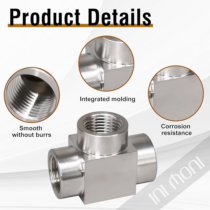 tee pipe fitting NPT 1/8 female 3 ways T adapter, stainless steel 304 forged hose fitting tee shaped pipe connector, heavy duty 4350 psi