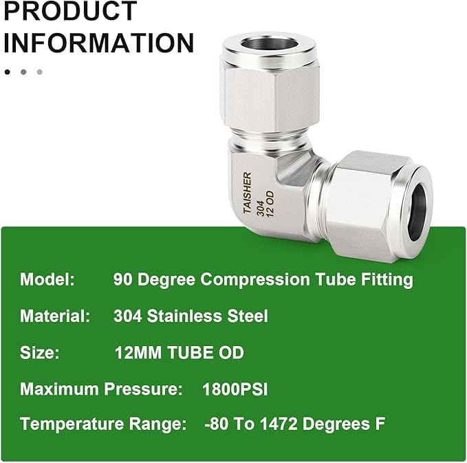 TAISHER 1PCS 304 Stainless Steel 90 Degree Compression Tube Pipe Fitting Connector, 12MM Tube OD x 12MM Tube OD Adapter