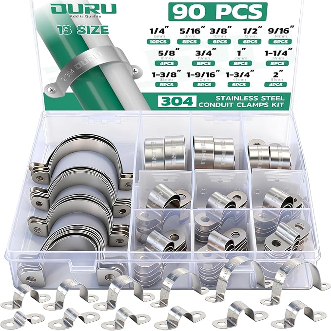90pcs Conduit Clamp Assortment Kit 304 Stainless Steel, 16 Sizes (1/4"-4") Rigid Metal Pipe Clamp U Bracket, 2 Holes Pipe Strap for Automotive, Wire & Tube