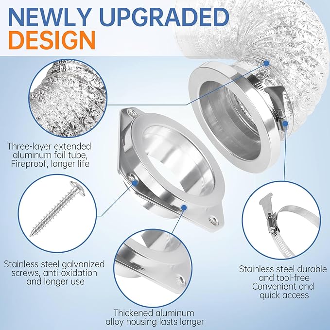 Magnetic Dryer Vent Coupling Connector Kit - DV180 Airtight Seal, Quick Connect, Includes 4"x3.3ft Duct & 2 Clamps