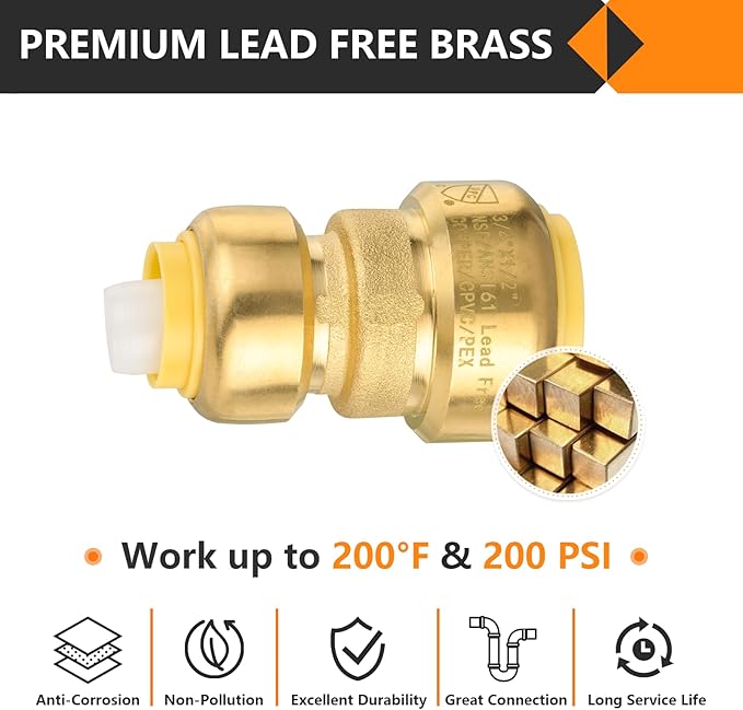10-Pack HeSun Pushfit Coupling, 3/4"x1/2" Push to Connect Plumbing Fittings with Disconnect Clip, Brass Push-fit Fittings for PEX, Copper, CPVC, PE-RT Pipes(PF017)